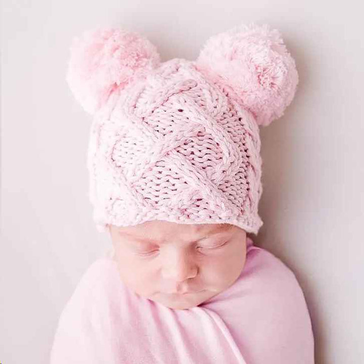 PINK DOUBLE POM NEWBORN HAT