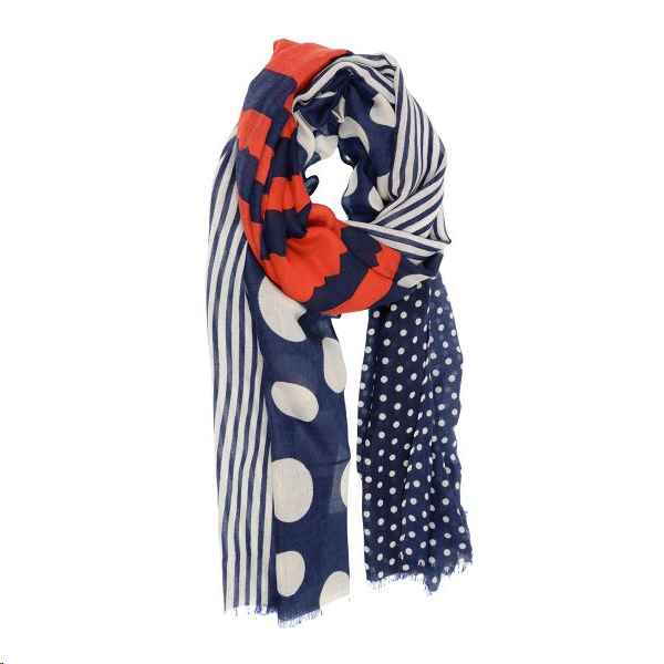 Red, White, Navy Dots & Stripe Scarf