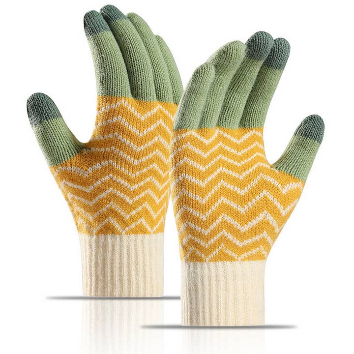 GOLD & SAGE CHEVRON KNIT GLOVES
