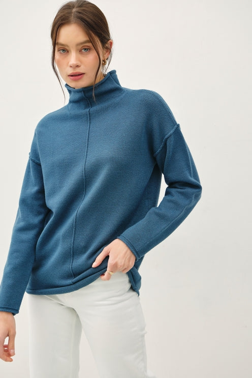 TEAL BLUE FUNNEL NECK SWEATER