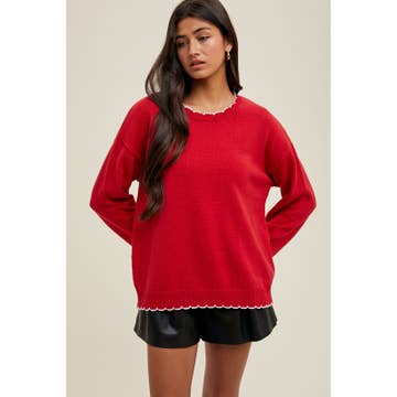 RED SCALLOP NECKLINE SWEATER
