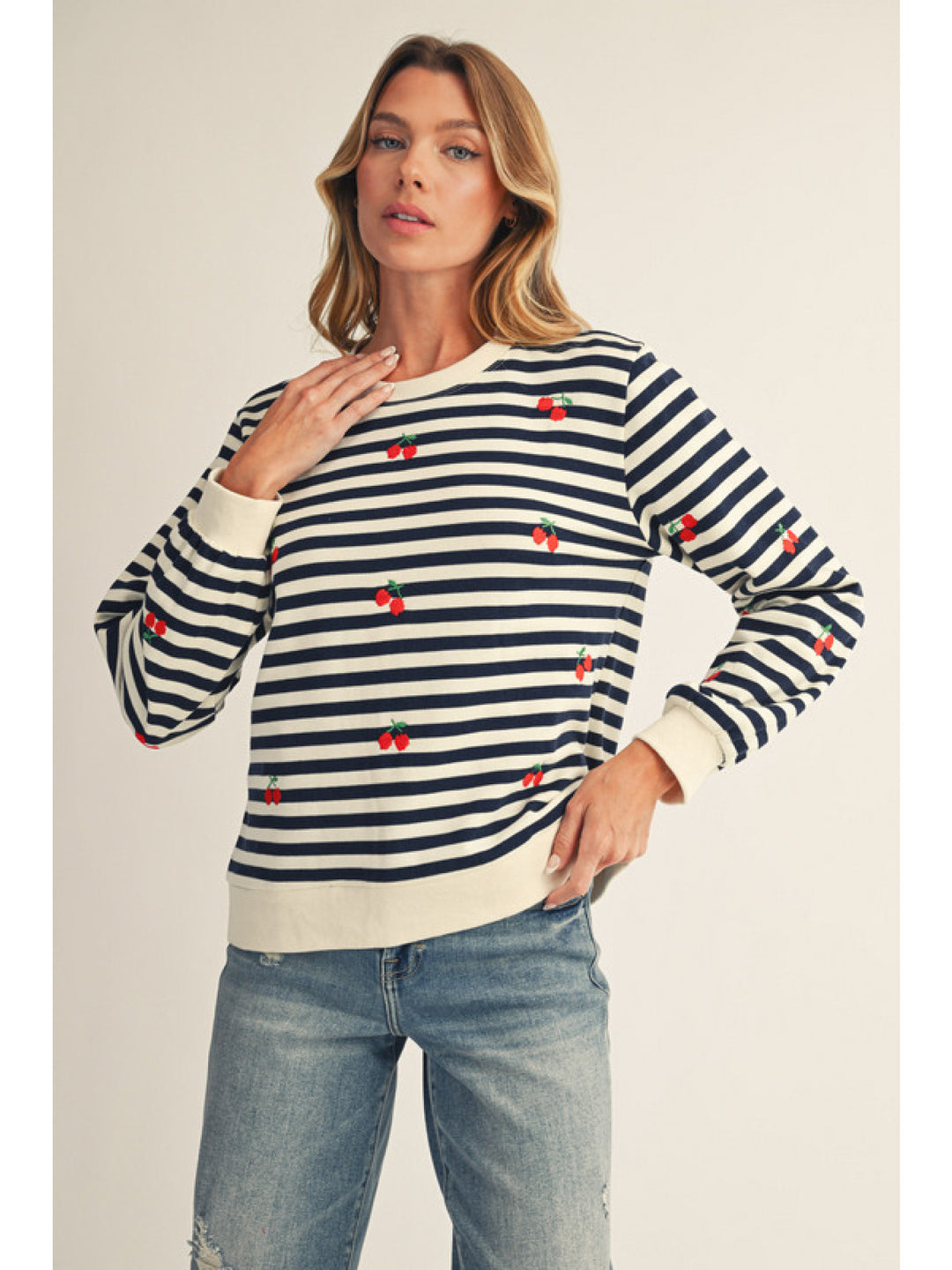 CHERRY EMBROIDERED STRIPE CREW SWEATSHIRT