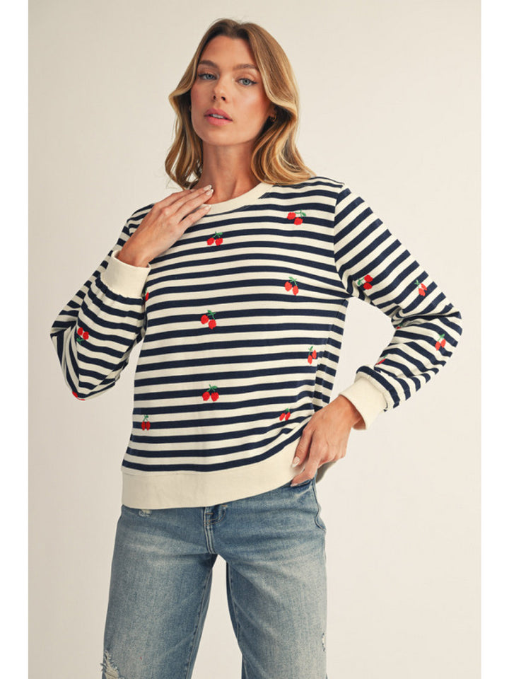 CHERRY EMBROIDERED STRIPE CREW SWEATSHIRT