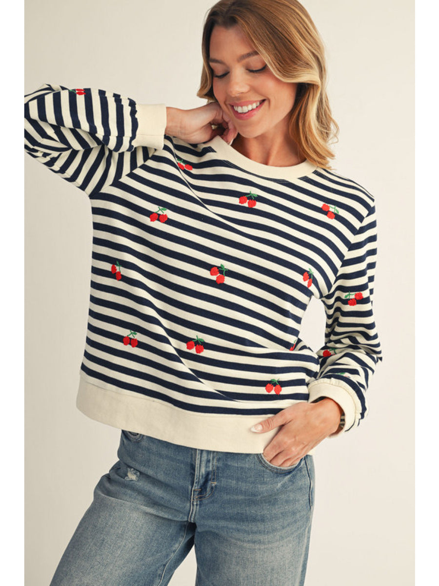 CHERRY EMBROIDERED STRIPE CREW SWEATSHIRT
