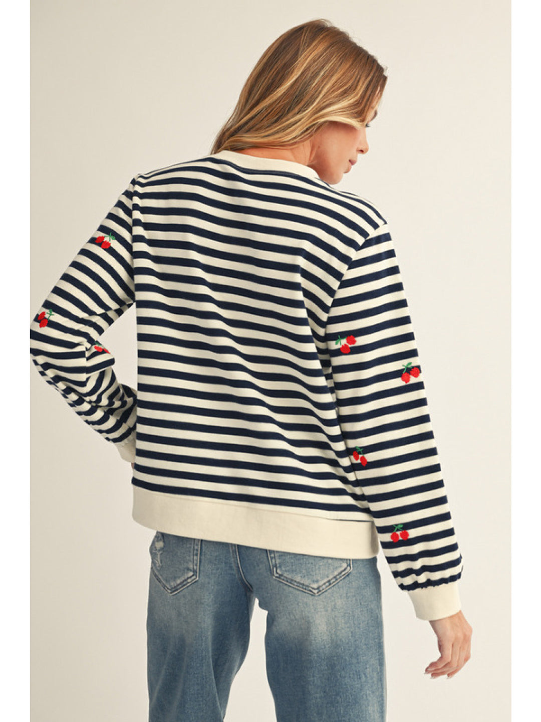 CHERRY EMBROIDERED STRIPE CREW SWEATSHIRT