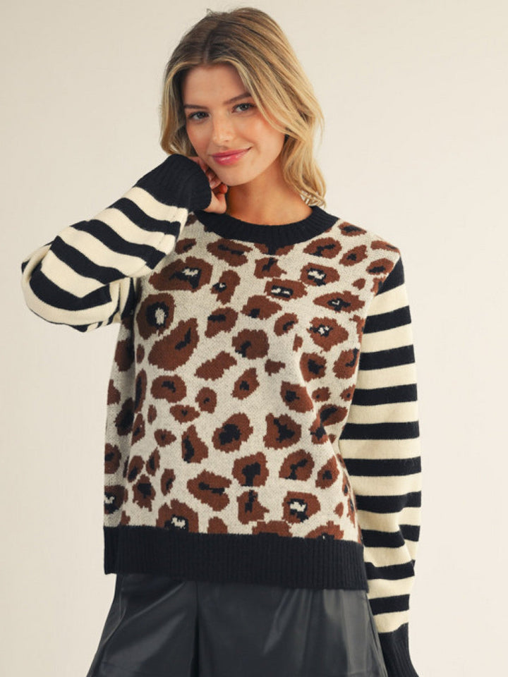 GIANNA LEOPARD & STRIPE COMBO SWEATER