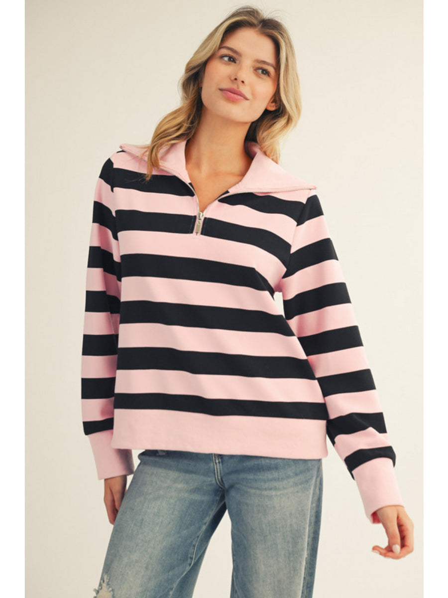 PINK STRIPE GO-TO HALF ZIP PULLOVER
