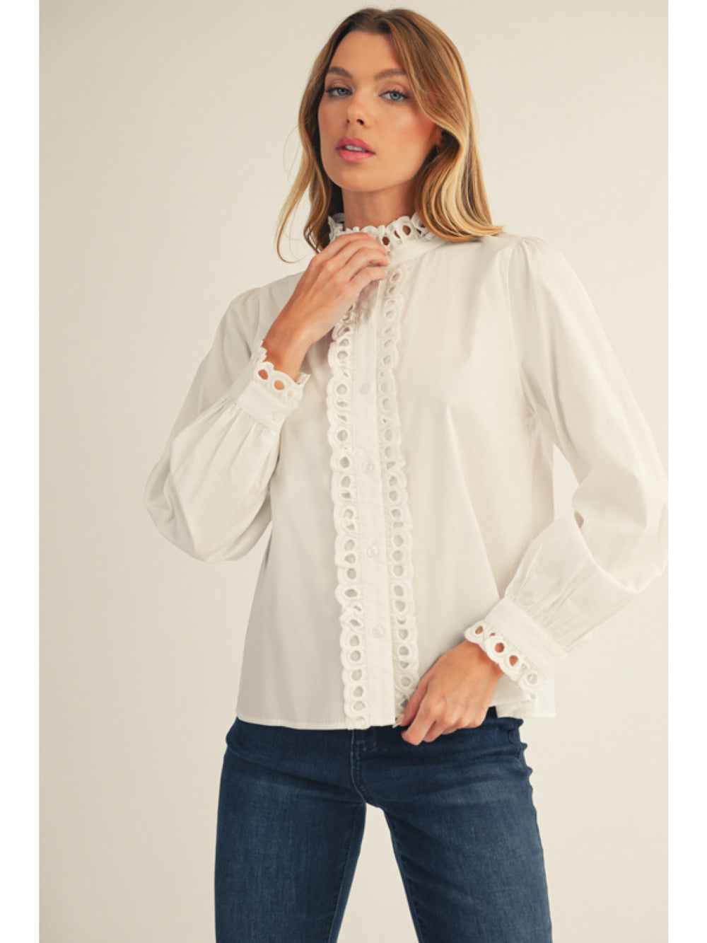 WHITE SHIRT WITH EYELET TRIM
