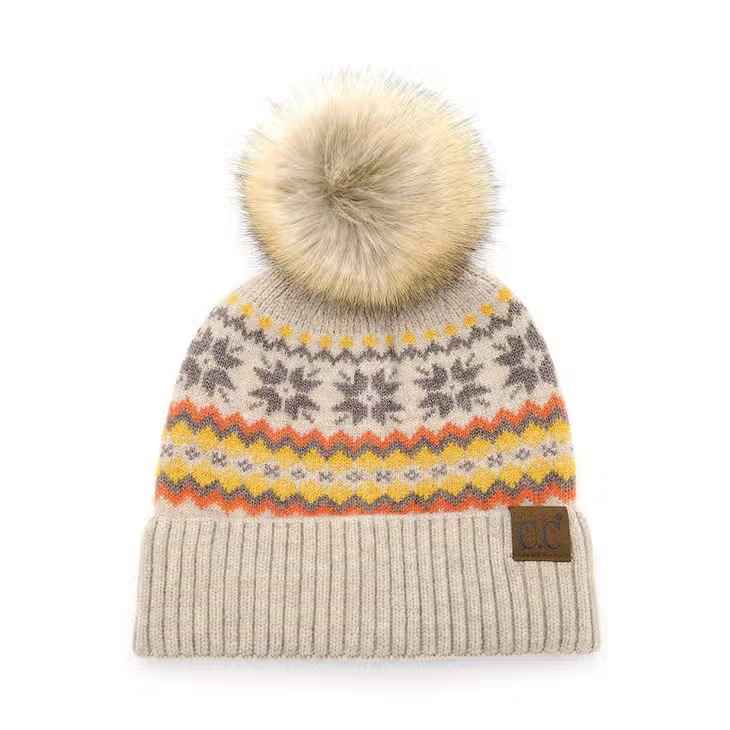 Beige Nordic Fair Isle Pom Beanie