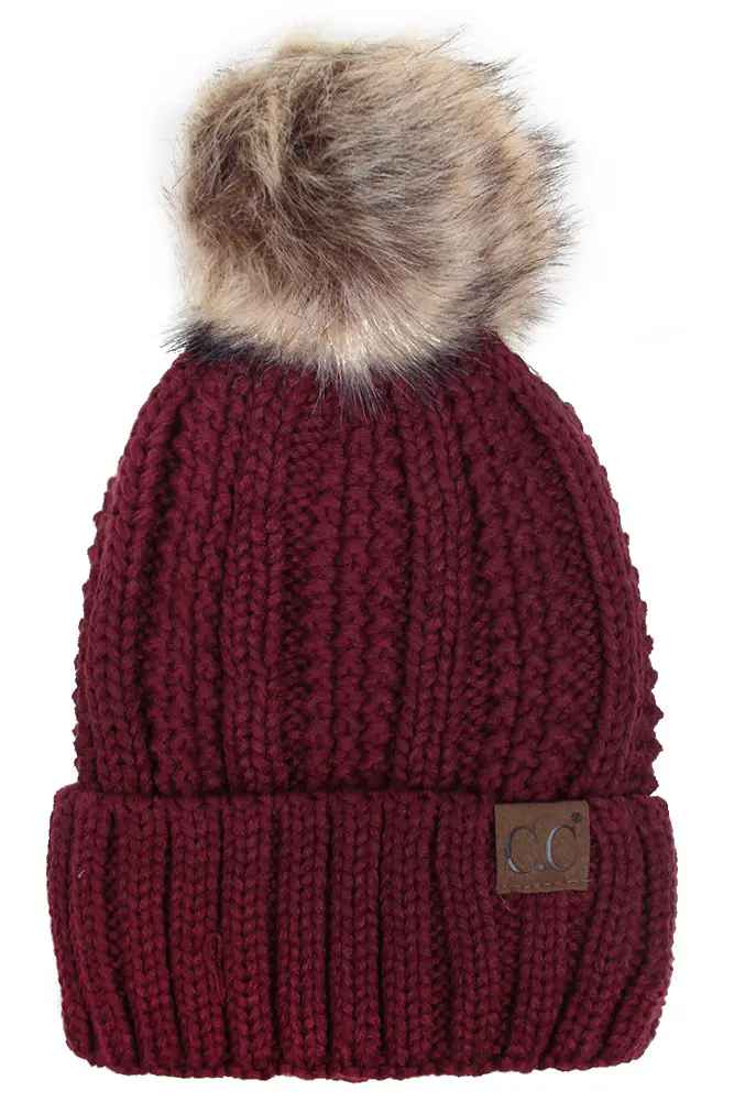 Maroon Vertical Knit Cozy Lined Pom Hat