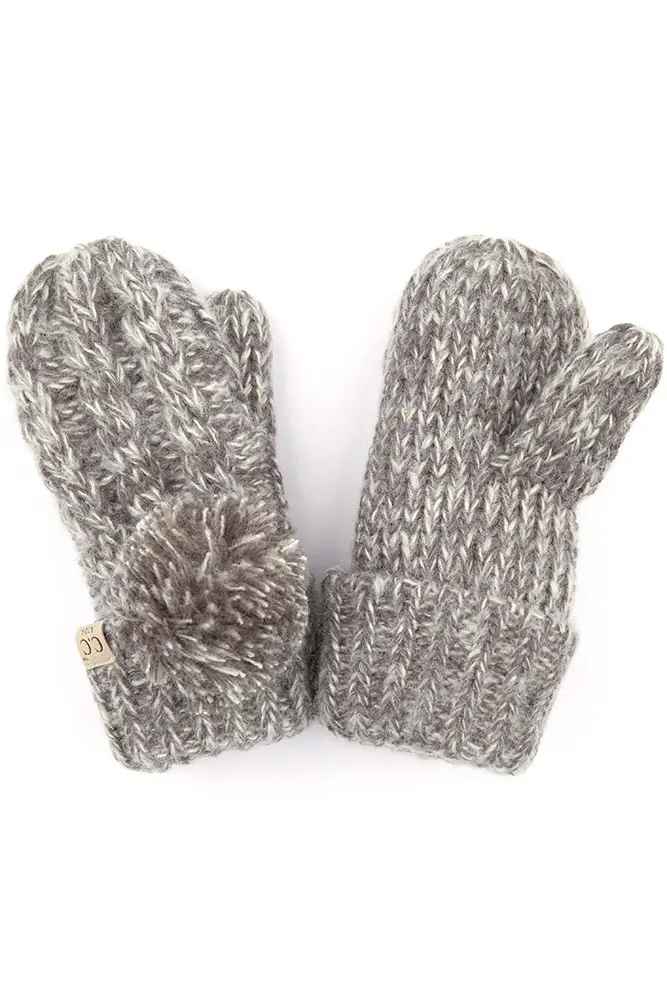 Youth Dark Grey Fuzzy Lined Pom Mittens