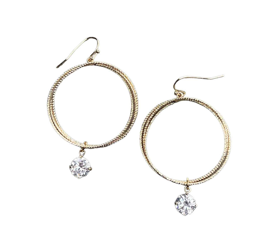 Gold Round Wire Crystal Drop Earrings
