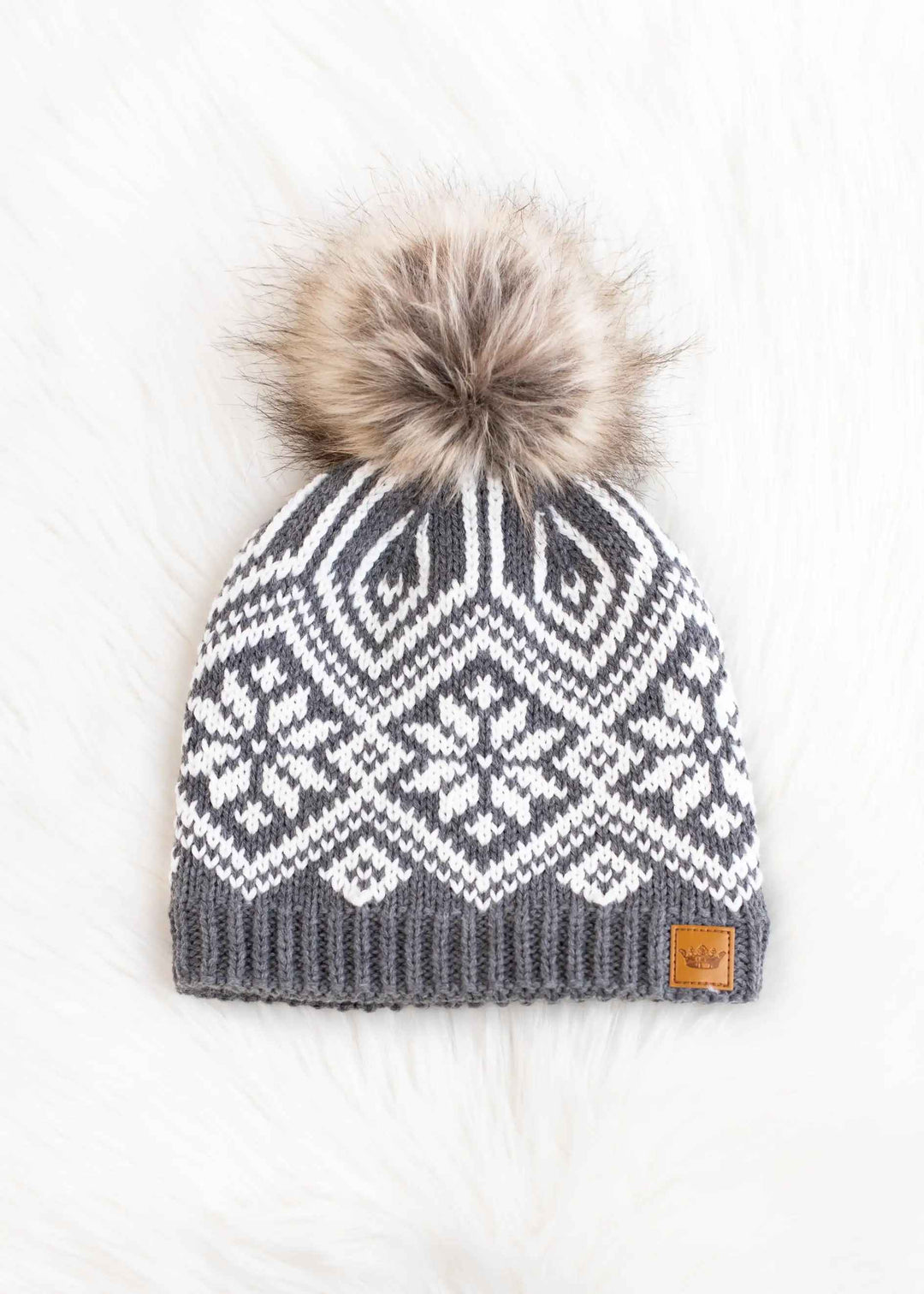 Grey & White Snowflake Pom Hat