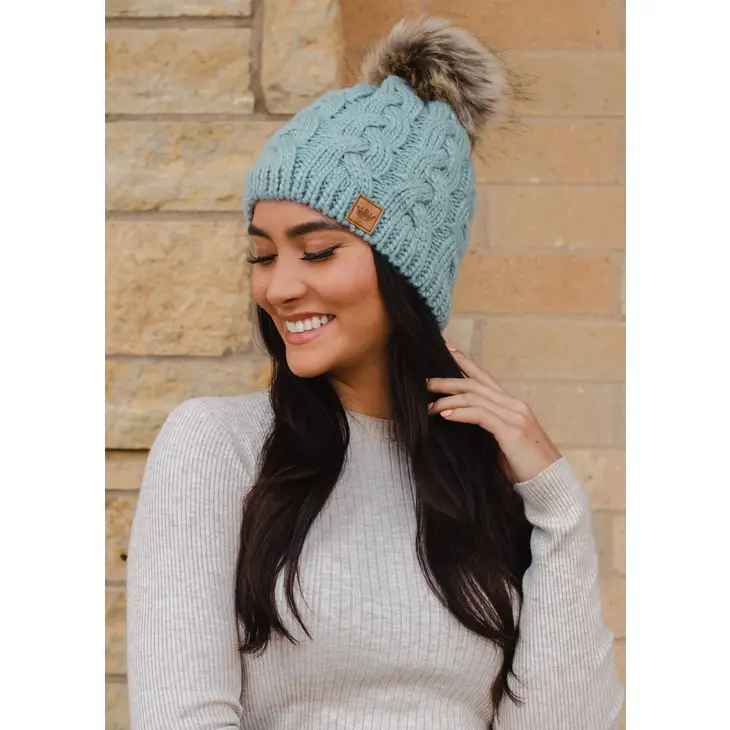 DUSTY BLUE BRAIDED POM HAT