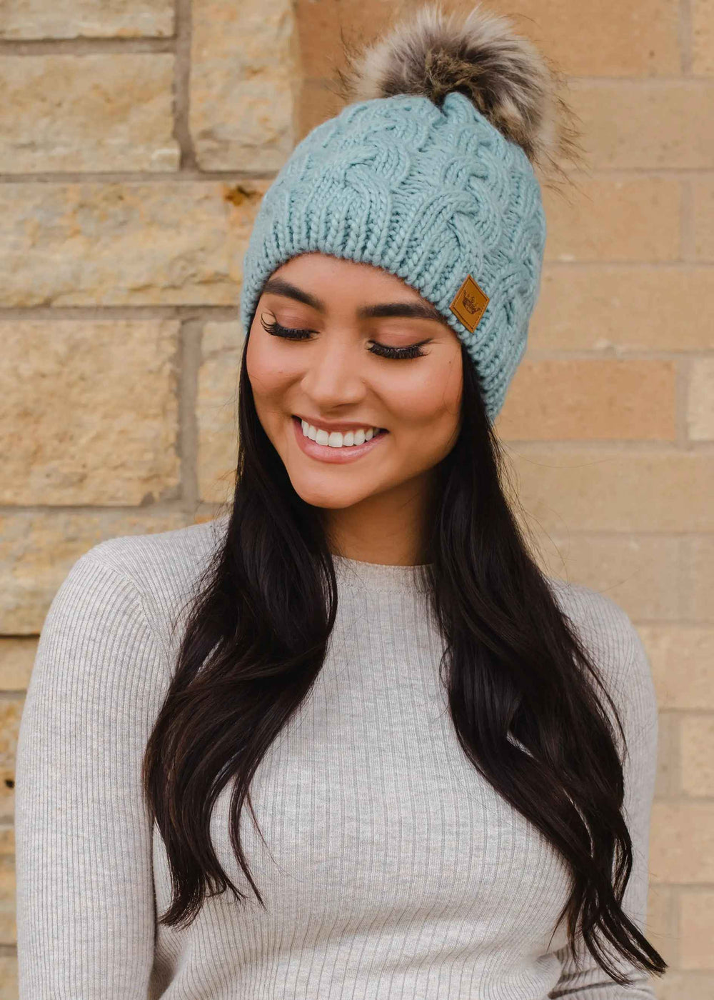 DUSTY BLUE BRAIDED POM HAT
