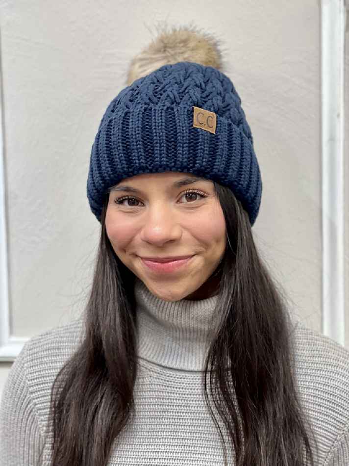 Navy Lattice Stitch Pom Beanie