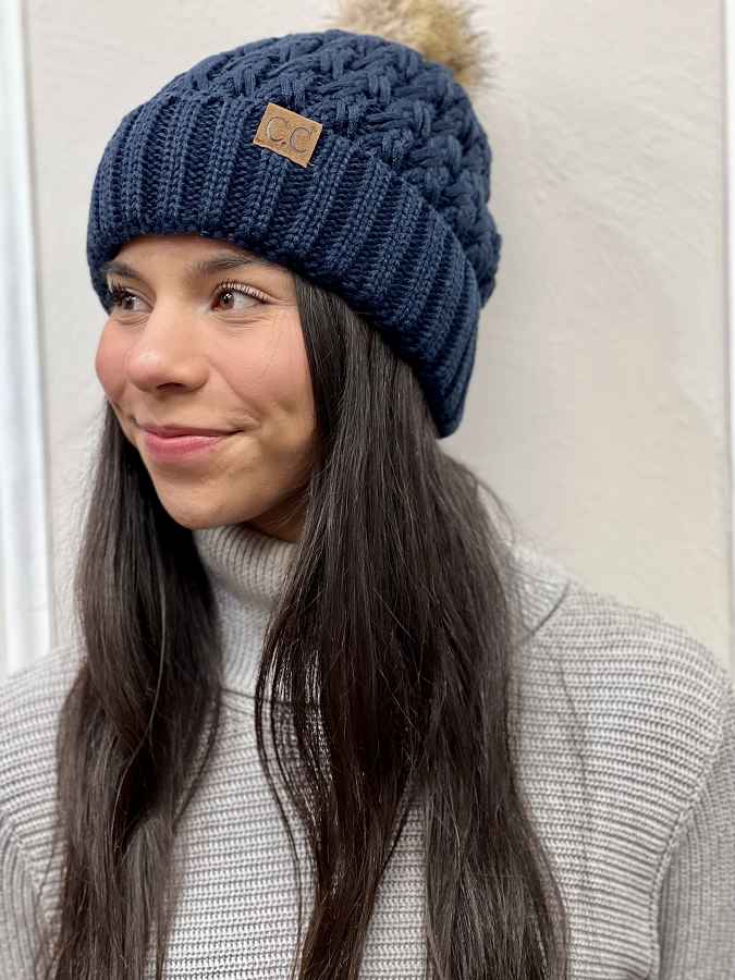 Navy Lattice Stitch Pom Beanie