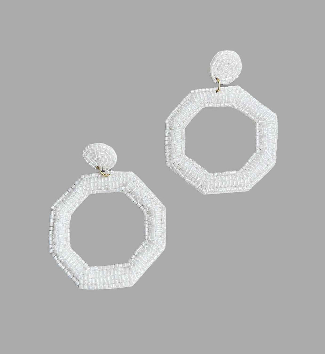 WHITE BEADED OCTAGON EARRINGS