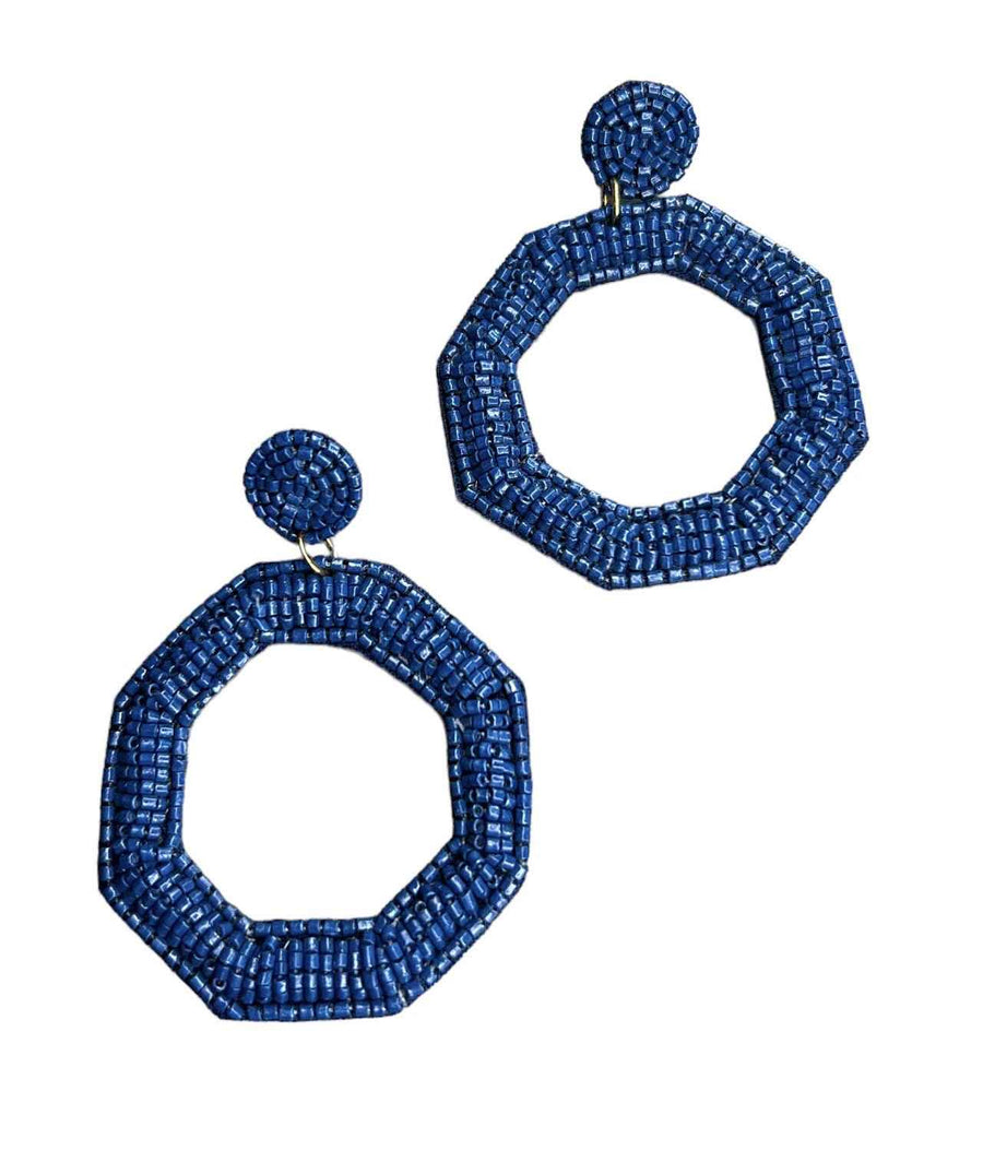 NAVY BEADED OCTAGON EARRINGS
