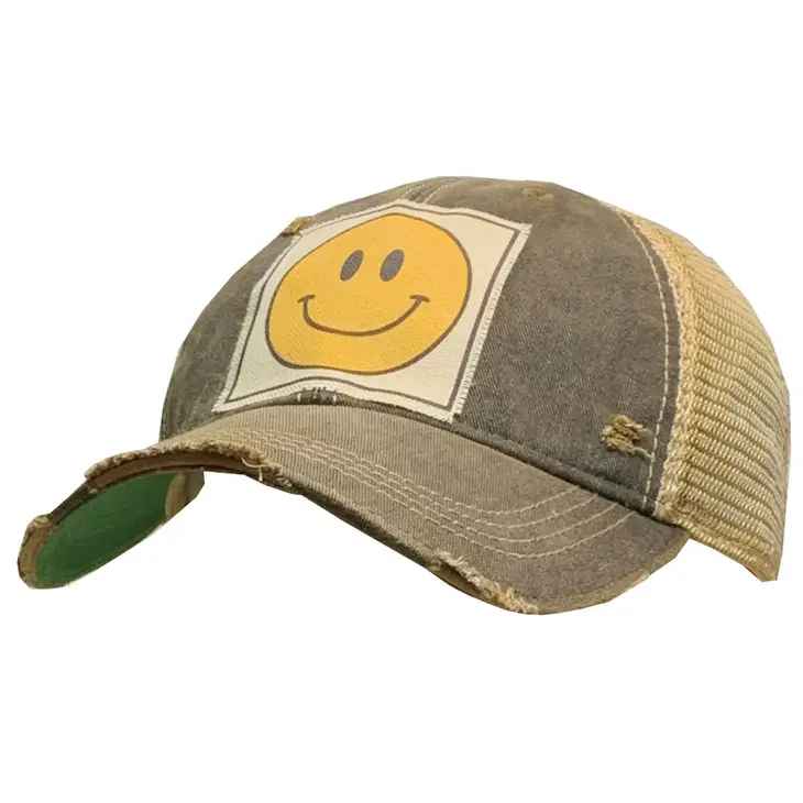 HAPPY FACE DISTRESSED HAT