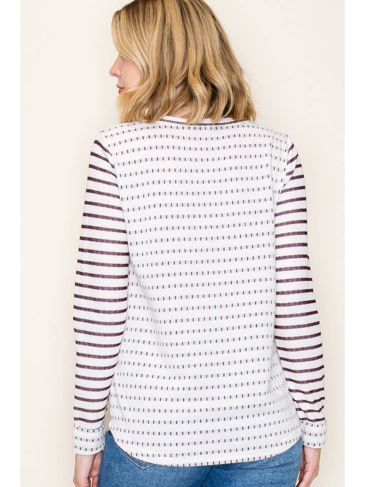 WINE DOUBLE STRIPED BALLGAME KNIT TOP
