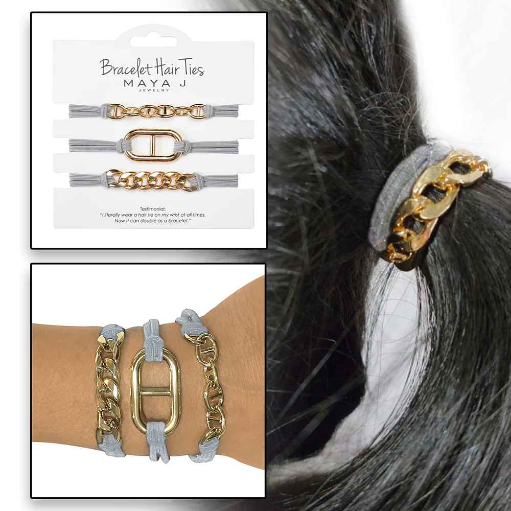 Grey W/ Gold Buckle Bracelet Hair Tie Set
