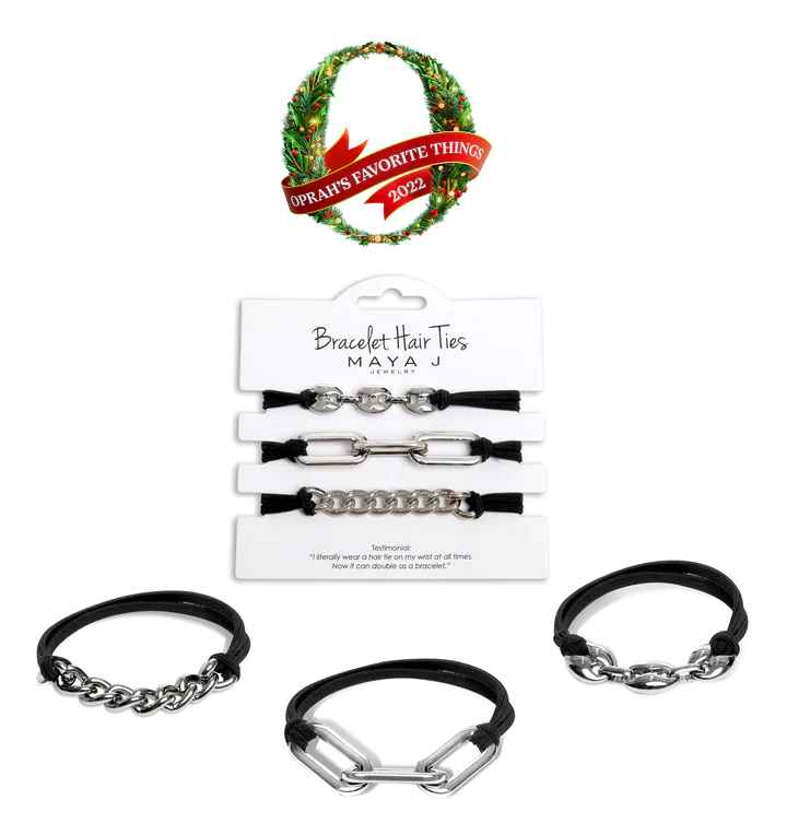 Black W/ Silver Link Bracelet Hair Tie Set
