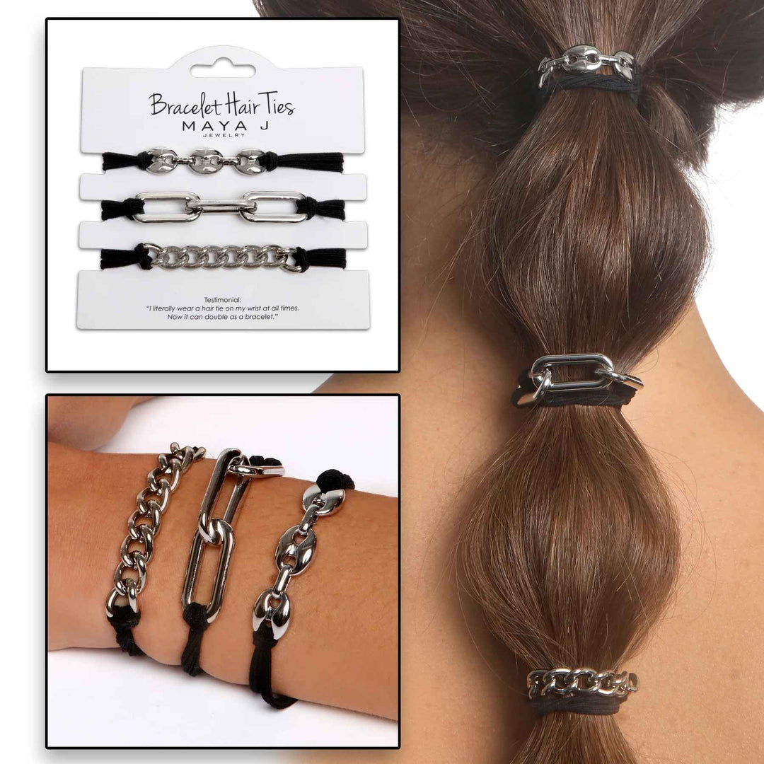 Black W/ Silver Link Bracelet Hair Tie Set