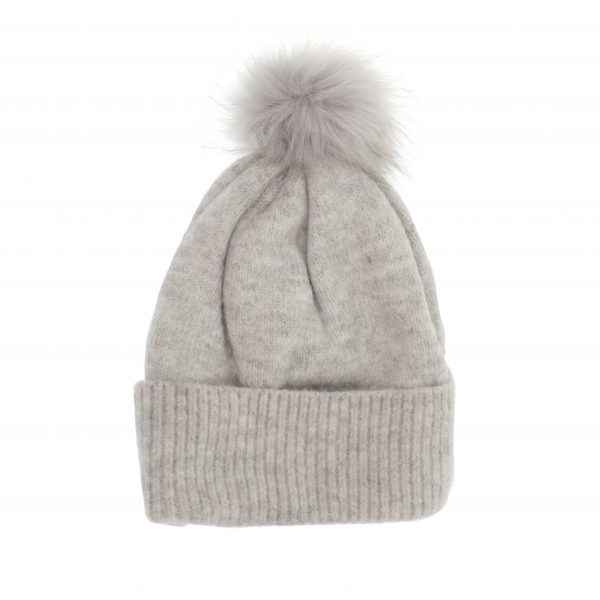 GREY FINE RIB POM HAT
