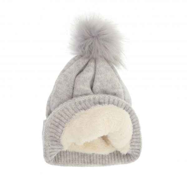 GREY FINE RIB POM HAT
