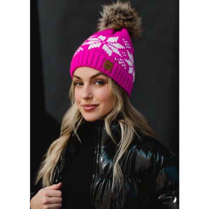 Pink & White Snowflake Pom Hat