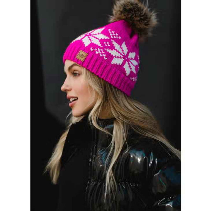 Pink & White Snowflake Pom Hat