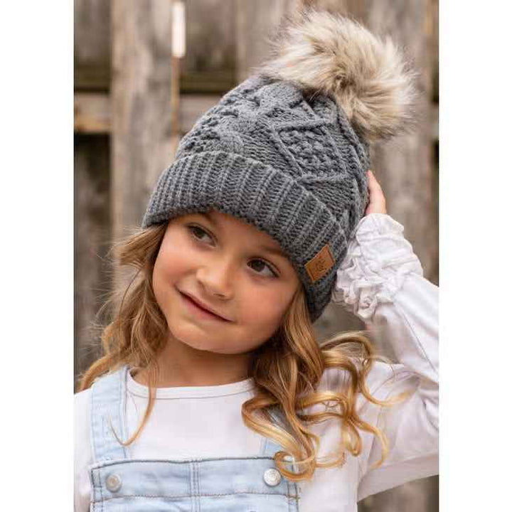 YOUTH GREY CABLE POM HAT