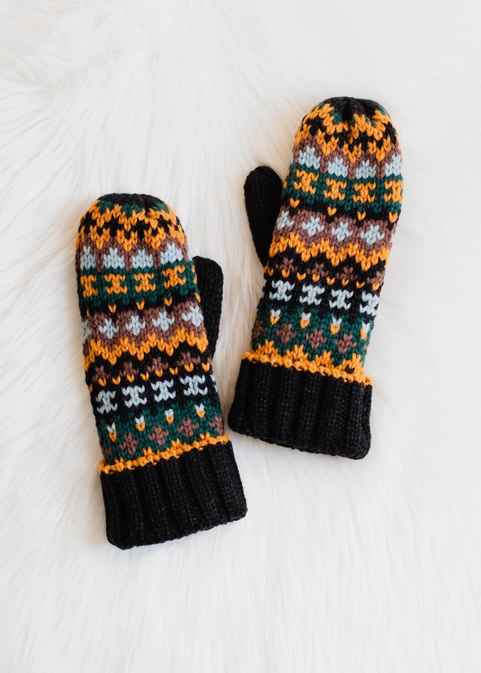 BLACK MULTI FAIR ISLE MITTENS