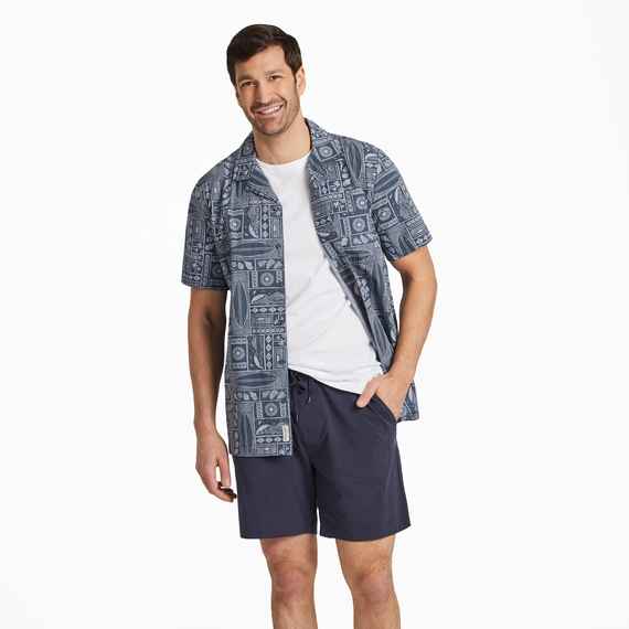 Men's Beach Woodblock Pattern  Camp Shirt