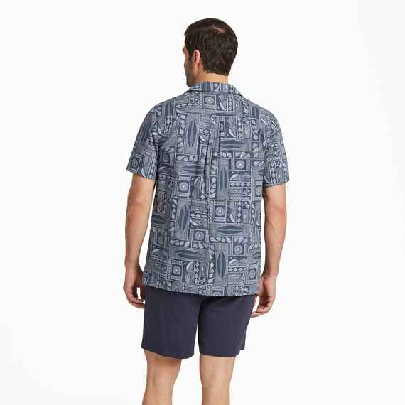 Men's Beach Woodblock Pattern  Camp Shirt
