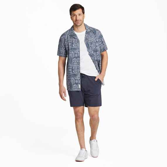 Men's Beach Woodblock Pattern  Camp Shirt