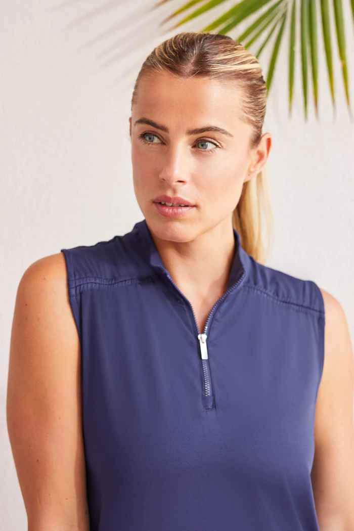 Jet Blue Sleeveless Zip Moc Top
