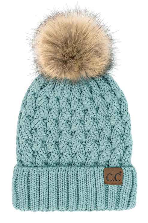 WINTER MINT LATTICE STITCH POM BEANIE