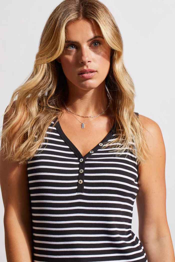 Black Stripe Henley Button Tank