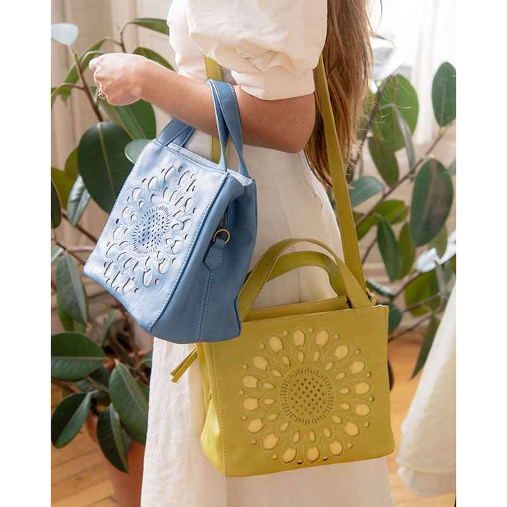 Tranquil Blue Floral Laser Cutout Crossbody Tote