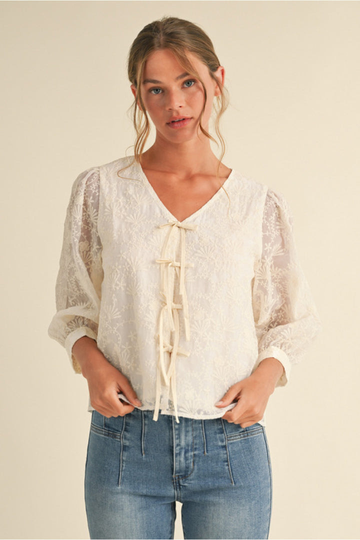 NATURAL LACE BOW TIE TOP