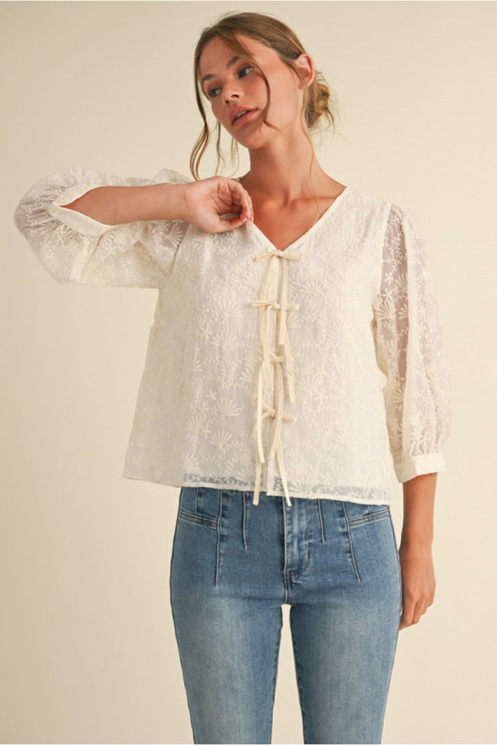 NATURAL LACE BOW TIE TOP