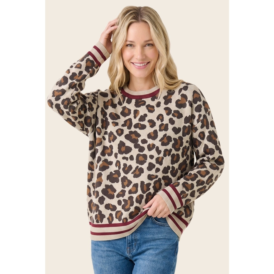 BURGUNDY STRIPE & LEOPARD CREW SWEATER
