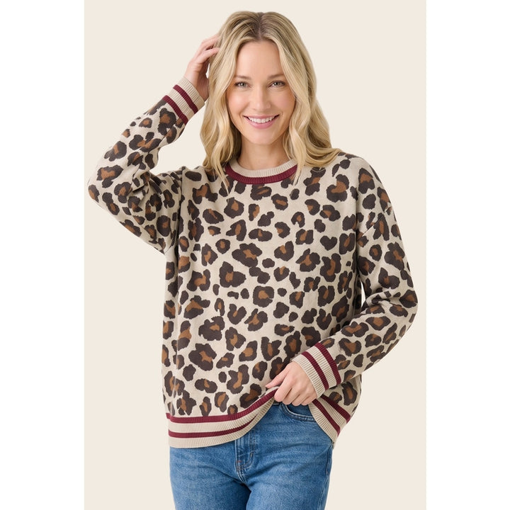 BURGUNDY STRIPE & LEOPARD CREW SWEATER