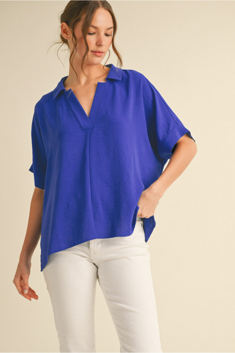 PLUS ROYAL BLUE JOHNNY COLLAR BLOUSE
