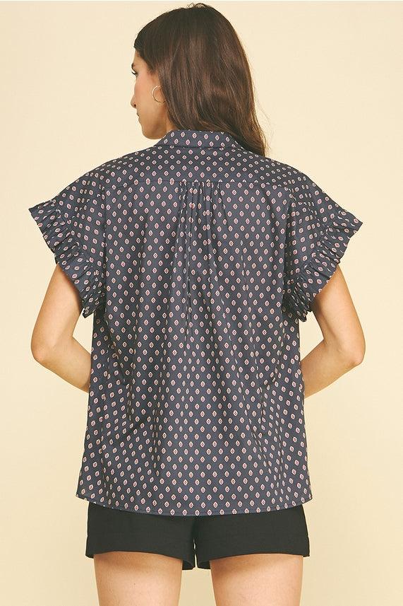 GEOMETRIC DIAMOND PRINT CAP SLEEVE SHIRT