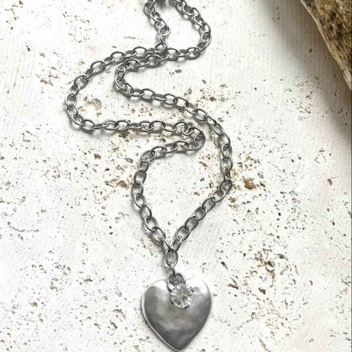 SILVER HAMMERED HEART AND SWAROVSKI CRYSTAL NECKLACE
