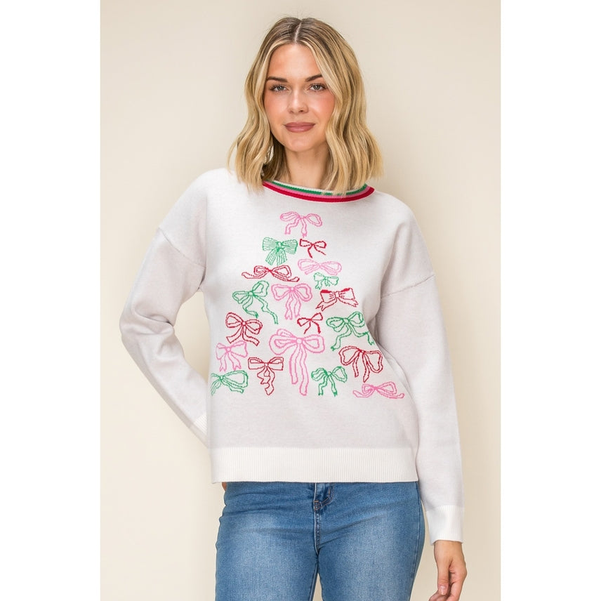 IVORY CHRISTMAS BOWS JACQUARD SWEATER
