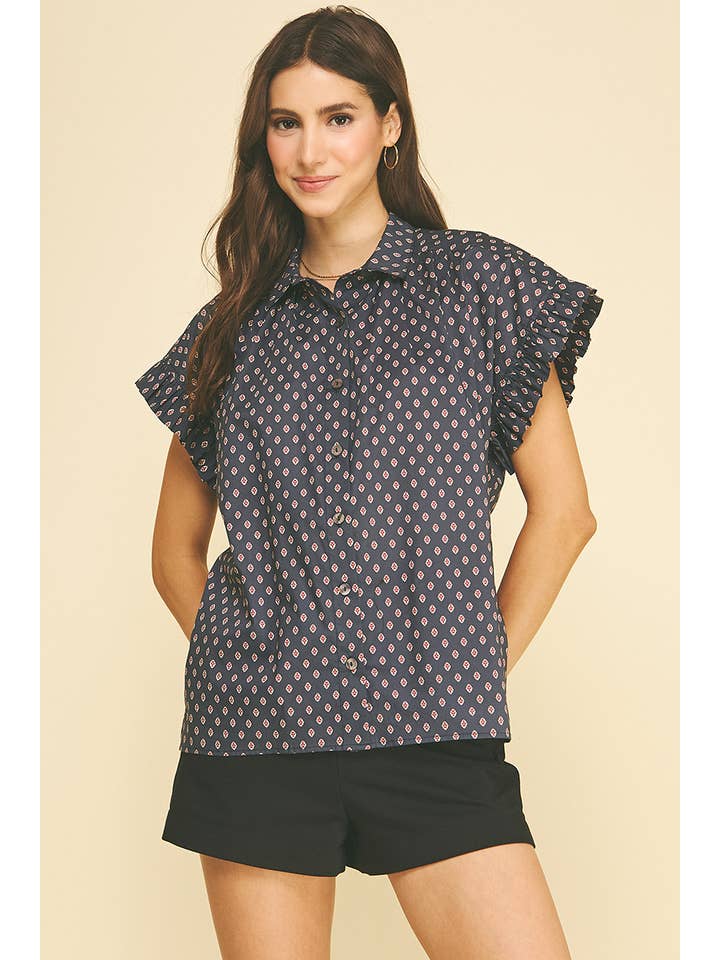 GEOMETRIC DIAMOND PRINT CAP SLEEVE SHIRT
